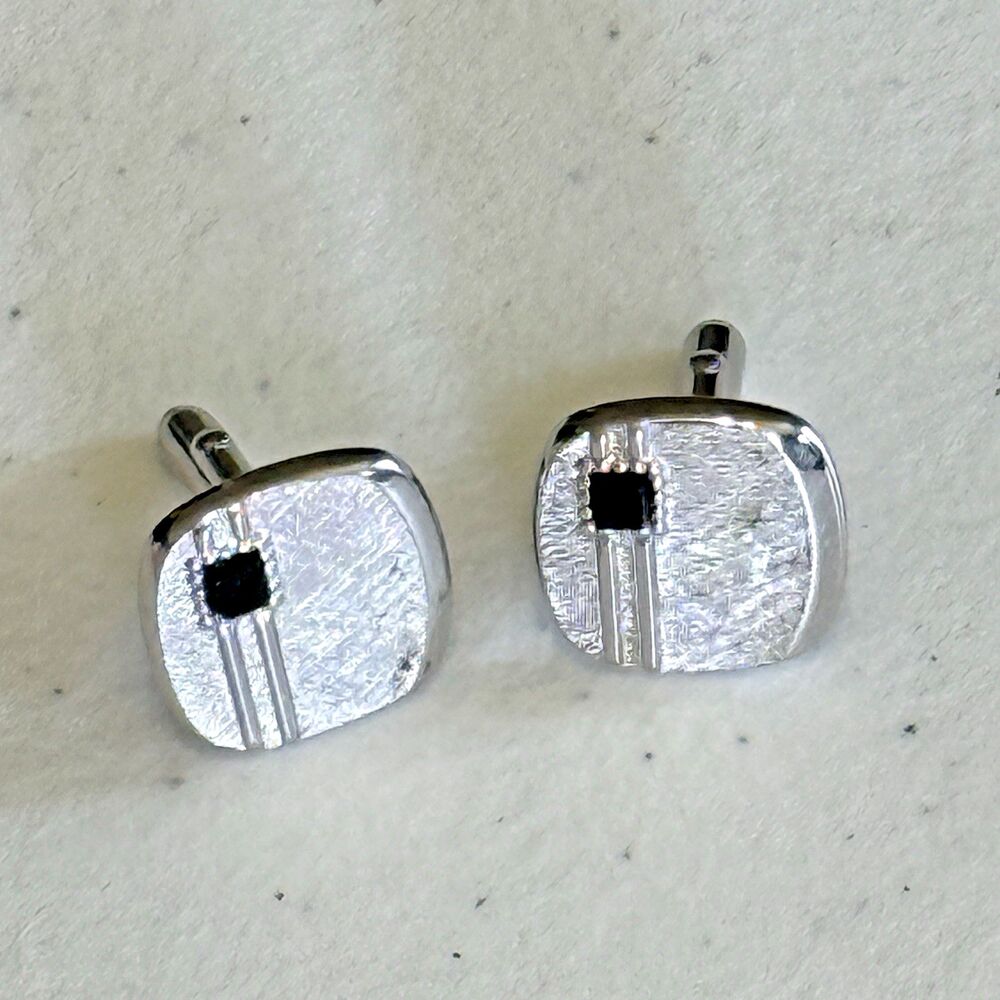 Vintage Silver Swank Cufflinks w/ Black Stone and Brushed Finish‎